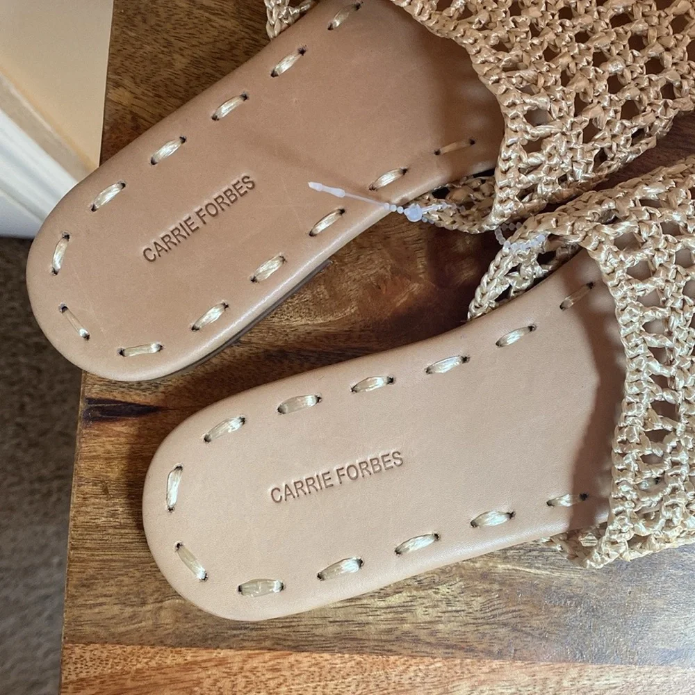 CARRIE FORBES Mour Slides In Dore Raffia Woven Sandals Flats